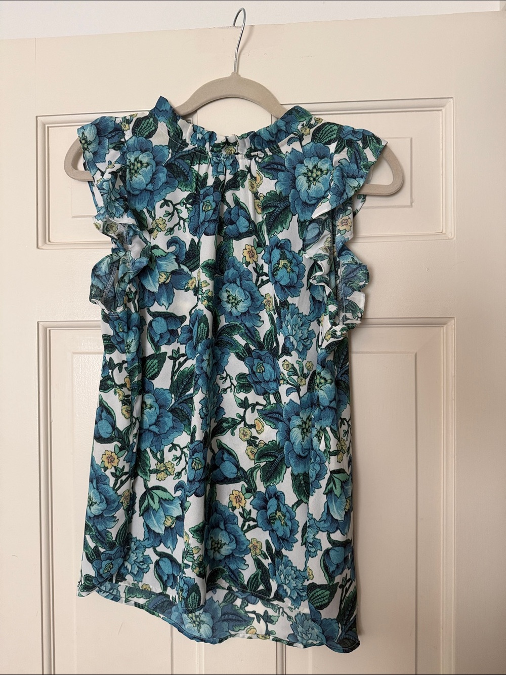 LOFT Blue Floral Ruffle-Sleeve Dress